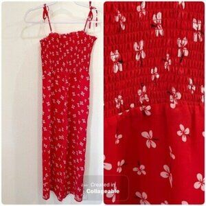 New Bardot Floral Smocked Jumpsuit Red White Feminine Preppy Lightweight Lined